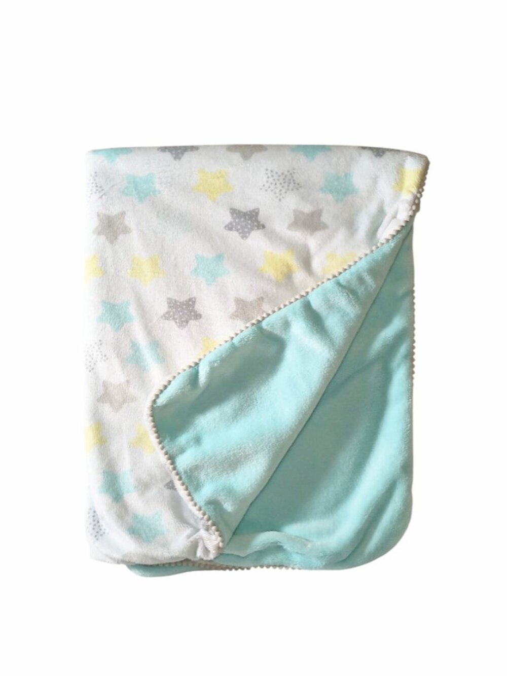 Just Born Aqua Gray Yellow Stars Pom Pom Trim Security Lovey Blanket 28" X 35"